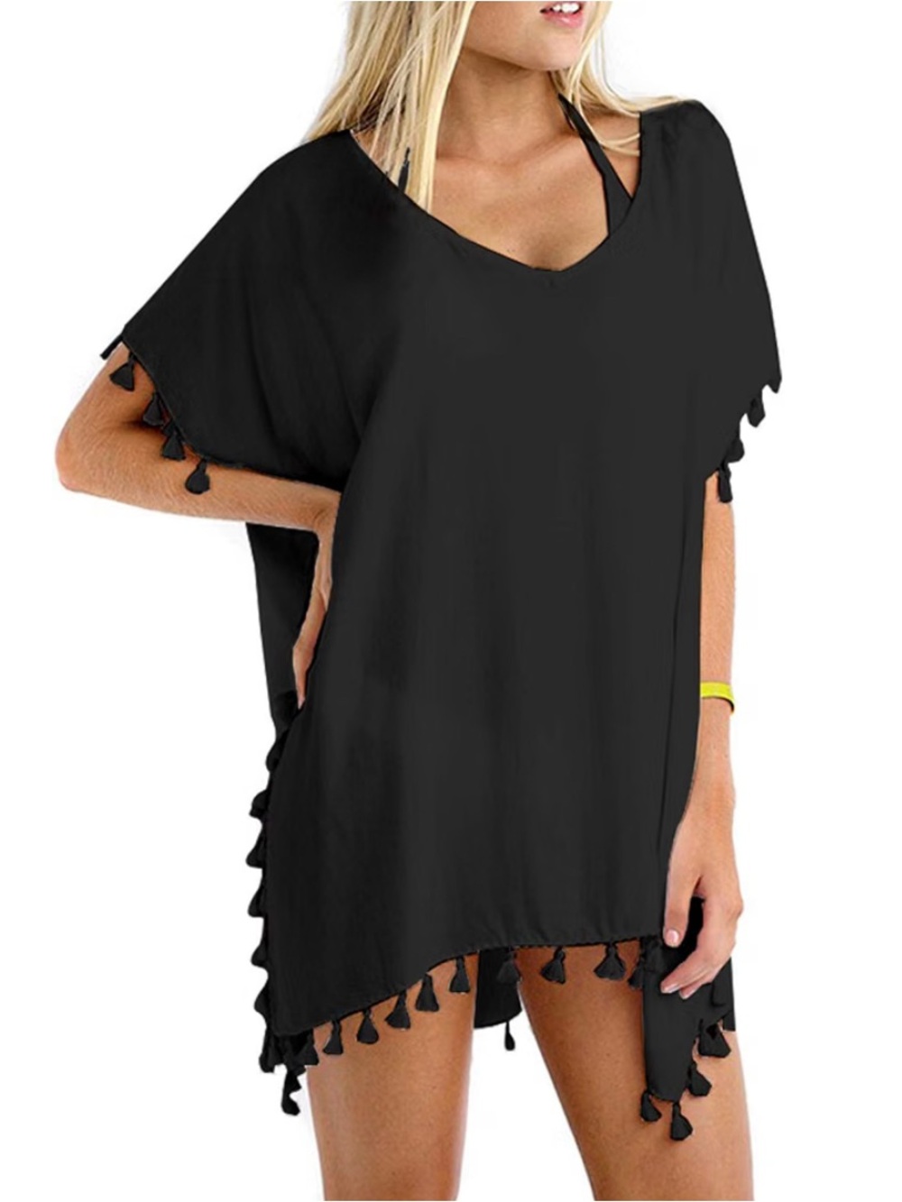 Black Tassel Trim Sheer Coverup